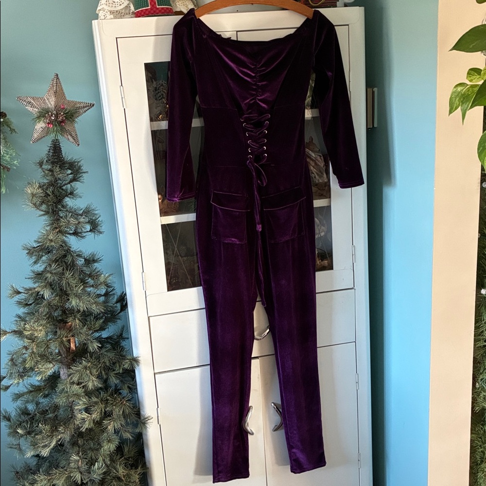 Purple Velvet Jumpsuit jr sz L like new!